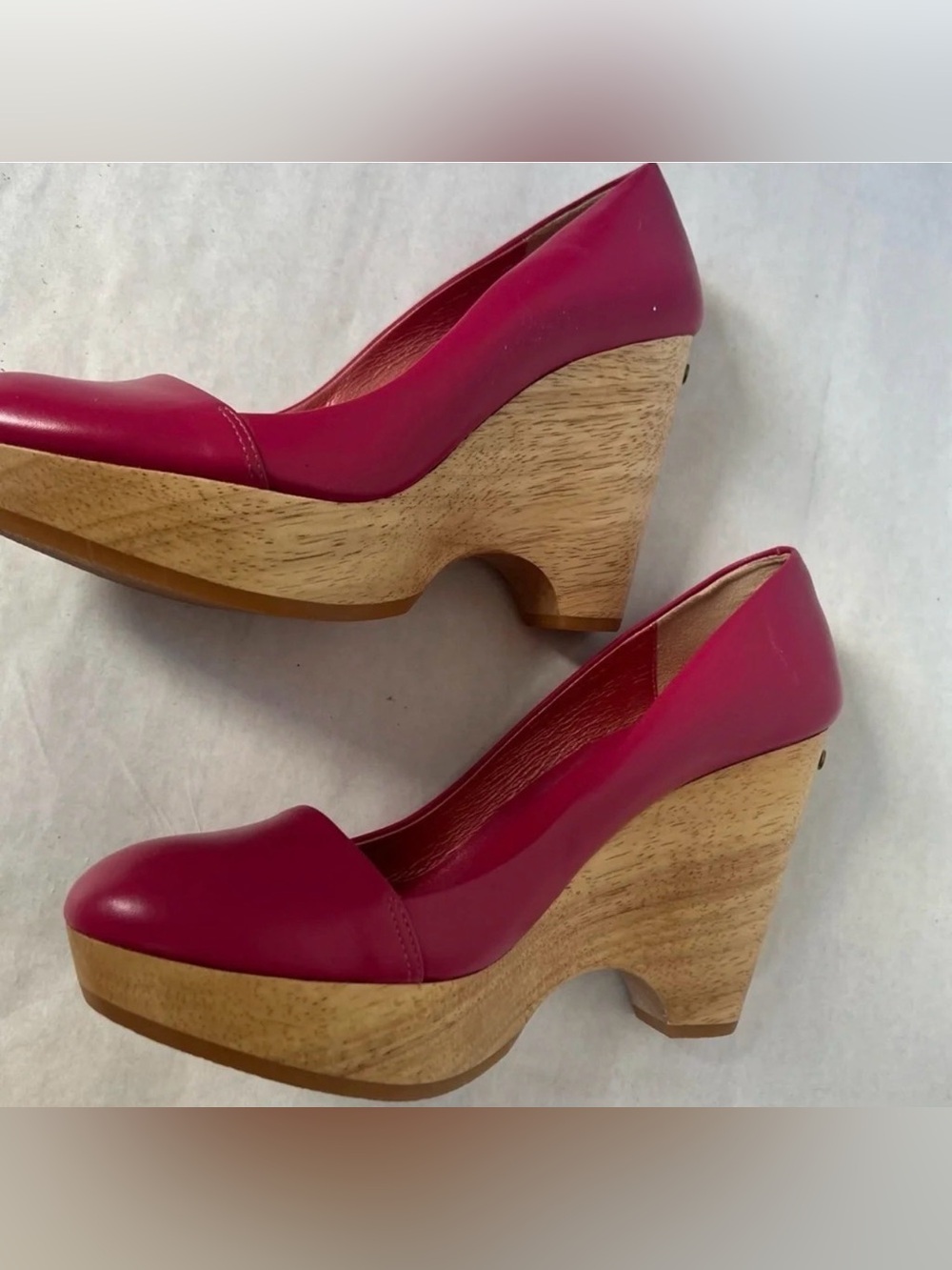 Durbuy by Yurika Nakatsu Pink Leather Wood Wedge Platform Pumps Shoes Sz US 7.5 - Picture 6 of 10